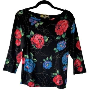 MIRASOL Stretch Floral Top‎ Size S Black Travel Business 3/4 Sleeves